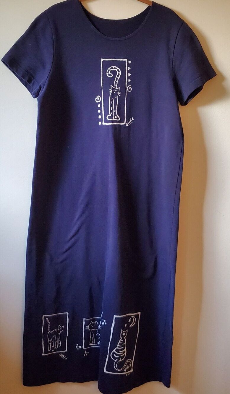 Vtg Kitty Cat Maxi Dress Size M/L Navy Blue Heavy Cotton Short Sleeve EUC